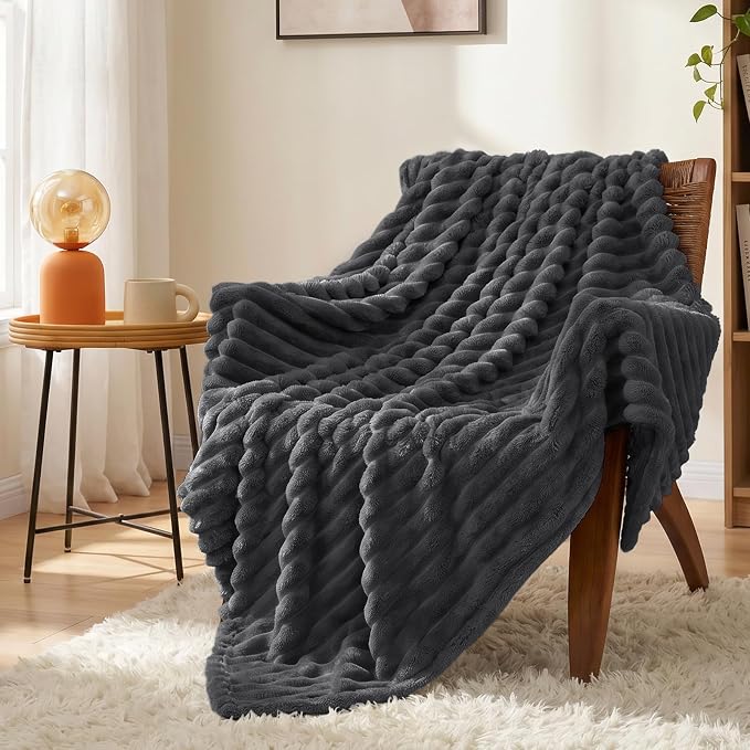 Dark Gray Throw Blanket for Couch & Bed, 50 x 60 Inch | 300GSM Ribbed Fleece Blanket, Soft, Cozy & Lightweight, OEKO-TEX Certified, All-Season Use for Travel, Dorm & Home Decor