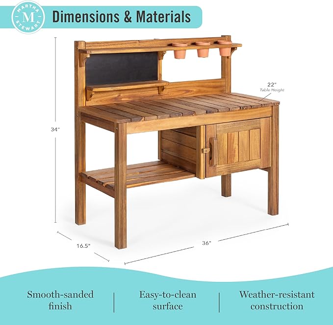 Martha Stewart Kids Outdoor Potting Bench: Acacia Wood Kids Gardening Set with Pots, Garden Tools, Soil Bin and Open Shelves | Wide Extendable Workspace | Wooden Backyard Playset for Outdoor Activity