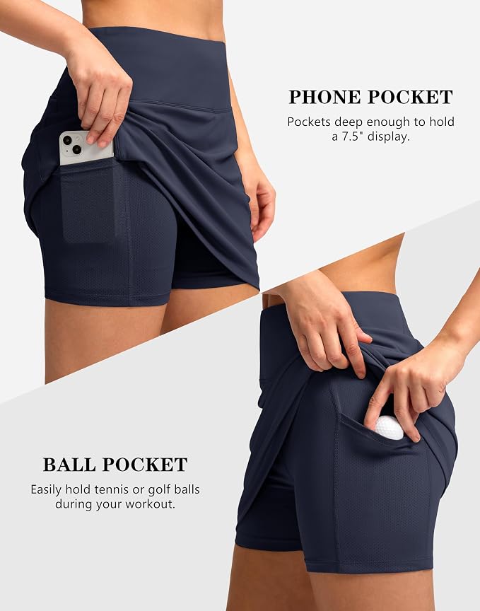 Women's Golf Skirts Skort 4 Side Pockets High Waisted Stretchy Tennis Skirt | Silky Soft, Lightweight, Breathable, Built-in Mesh Shorts, High Waisted, Elastic waistband, Moisture-Wicking, Athletic