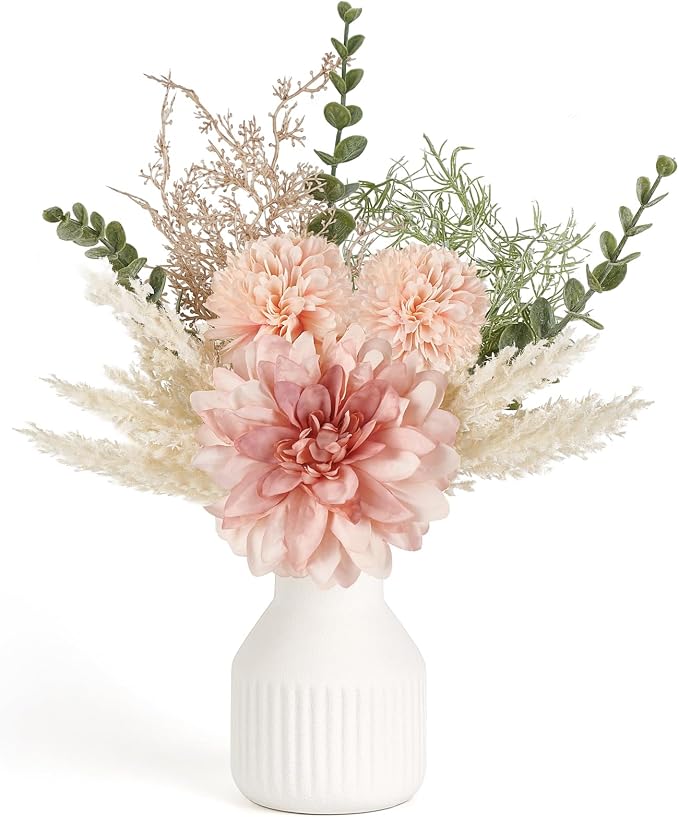 Mkono Fake Flowers in Ceramic Vase, 12.5" Coffee Table Centerpieces, Pink | Table Decor with vase, Small Silk Faux Artificial Flower Arrangements, Fits Bathroom Dining Room Kitchen Home Indoor Decor