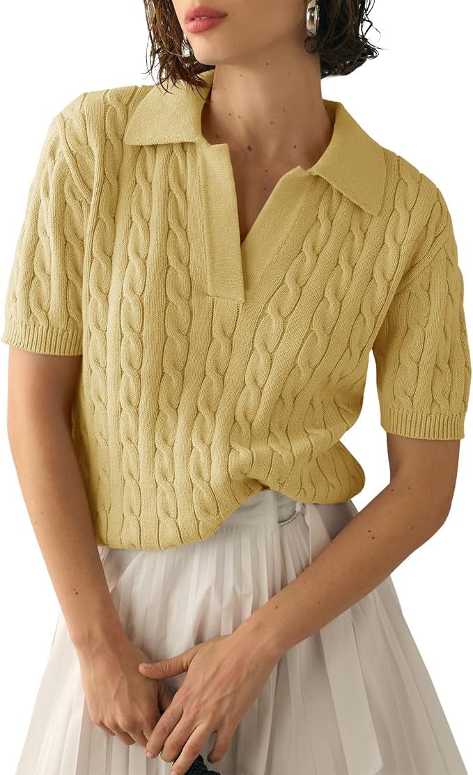 Imily Bela Womens Cable Short Sleeve Sweaters Tops Lapel V Neck Knit Shirt | Solid,Knit Casual,Soft Pullover,Fall Sweaters,Womens Summer Work Tops
