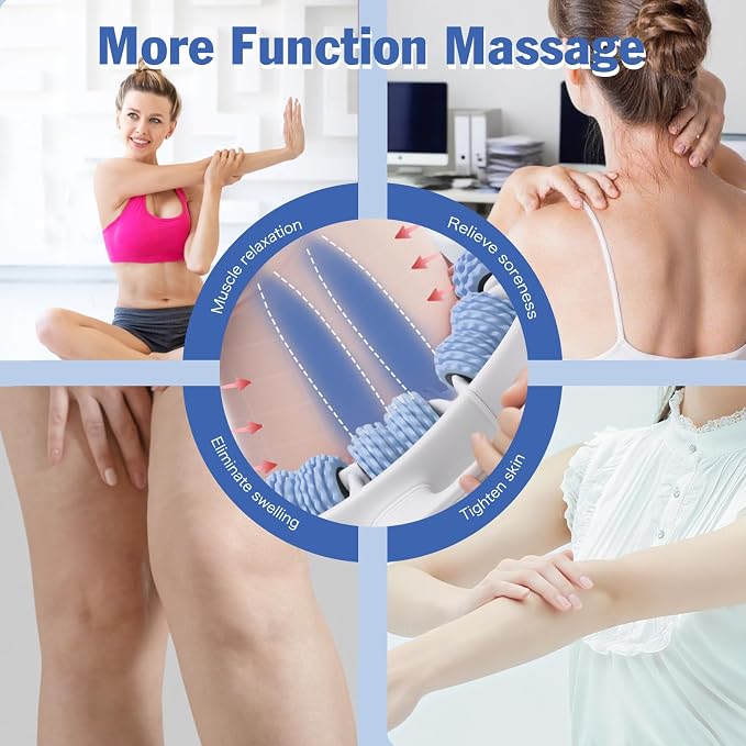 Cellulite Massage Tool Lymphatic Drainage Massager for Thighs & Legs & Buttocks, Anti Cellulite Roller with Detachable Handles Fascia Massage Tool for Contoured & Smoother Skin, White-Blue
