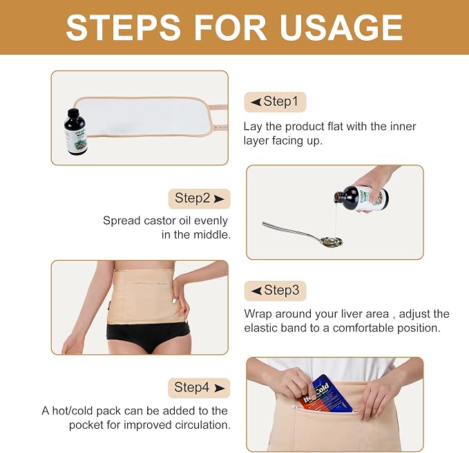 8oz Castor Oil Organic and 4pcs Reusable Castor Oil Pack Wrap Organic Cotton,for Stomach-Neck-Abdomen -Knee-Arm-Liver Detox,with Eyebrow and Eyelash Care Tool Set