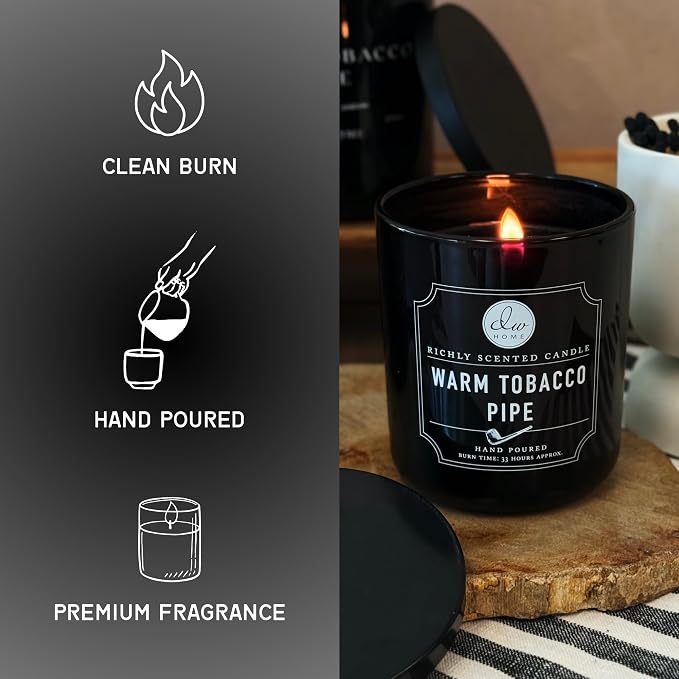 DW Home Warm Tobacco Pipe Scented Candles, 15 oz Large Double Wick Jar, Up to 56 Hour Burn Time, Strong Long Lasting Woodsy Fragrance, Gifts for Men & Women