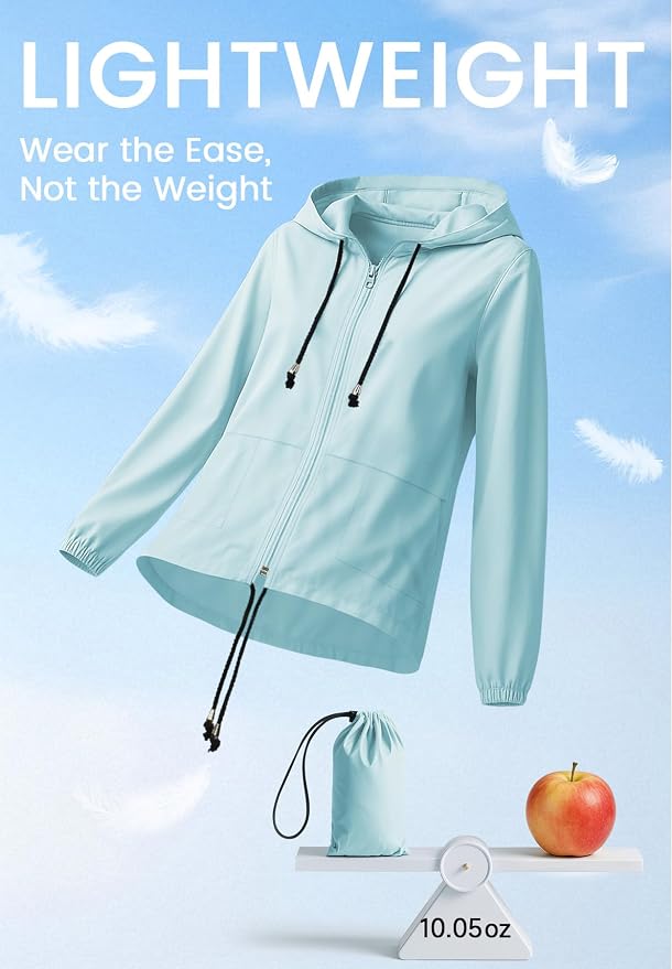 Zando Lightweight Rain Jacket Women Packable Waterproof Raincoat with Hood | Windbreaker Jacket Women, Light Raincoats for Drizzle, Rain Coats for Travel, Hiking and Commute