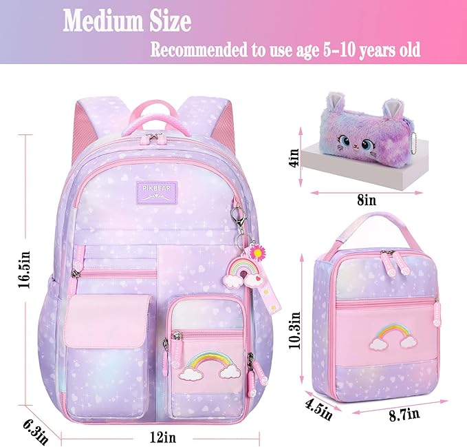 3Pcs Kids Backpack For Girls,Cute Rainbow Student School Backpack With Lunch Bag Pen Bag Set (Purple Medium 16.5in