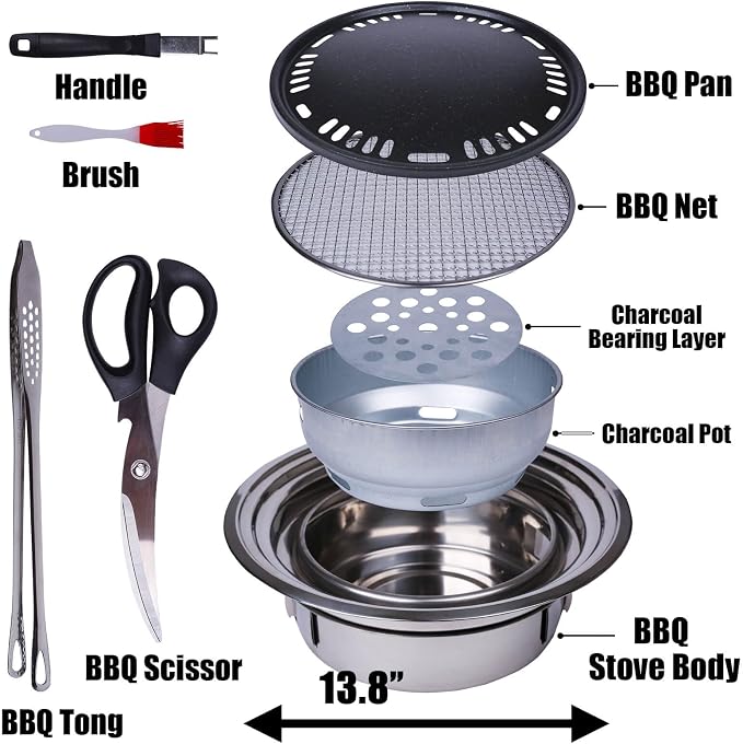 Portable Korean Style Stainless-Steel Barbecue Grill, Charcoal BBQ Round Grill Stove for Outdoor Camping, Picnicking & Parties 1~4 People, 13.8" DIA
