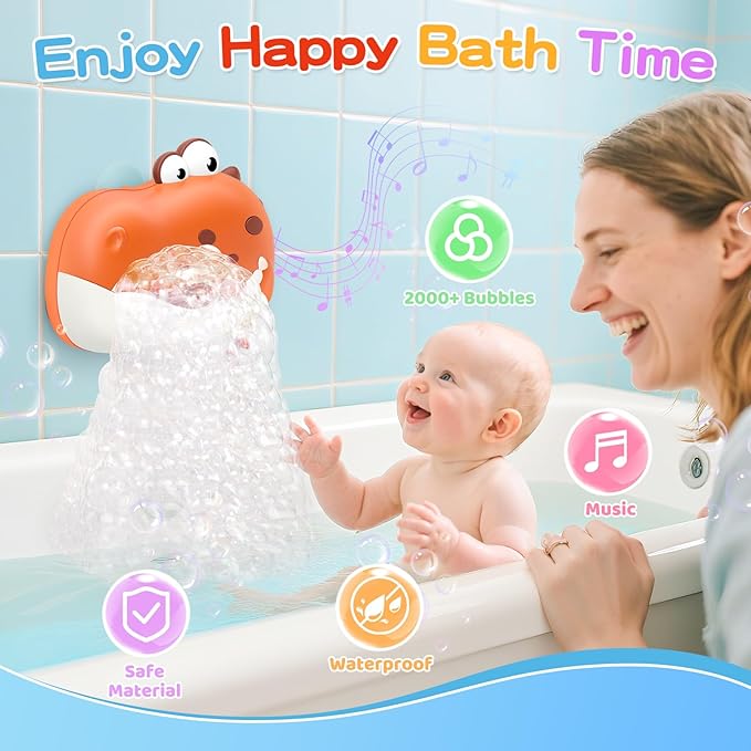 Baby Bath Toys for Kids Ages 1-3 4-8, Rechargeable Dinosaur Bath Bubble Machine with Music for Toddlers, Baby Bathtub Toys Valentine Days Gift, Dinosaur Bath Bubble Maker for Toddlers Kids Boys Girls