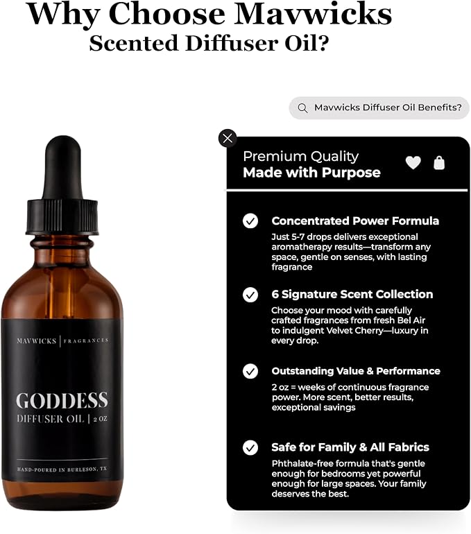 Mavwicks Diffuser Oil (Goddess) – 2oz Premium Essential Oil Blend for Aromatherapy Diffusers, Long-Lasting Luxury Home Fragrance for Living Room, Bedroom, Office, Bathroom & Hotel