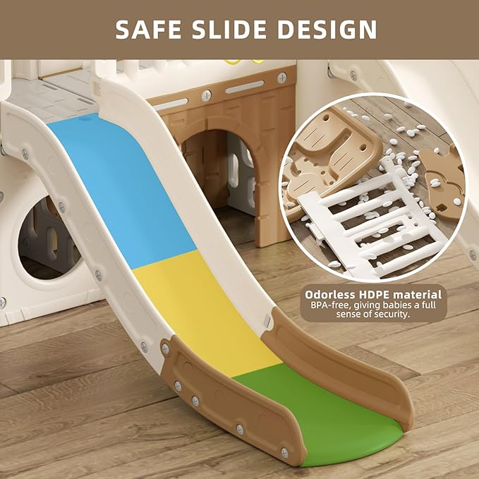 XJD 9 in 1 Toddler Slide, Jungle Double Slide Playset with Basketball Hoop, Tunnel and Storage Space, Outdoor Indoor Slide for Toddlers Age 1+,Tree House Design Toddlers Playground (Brown)