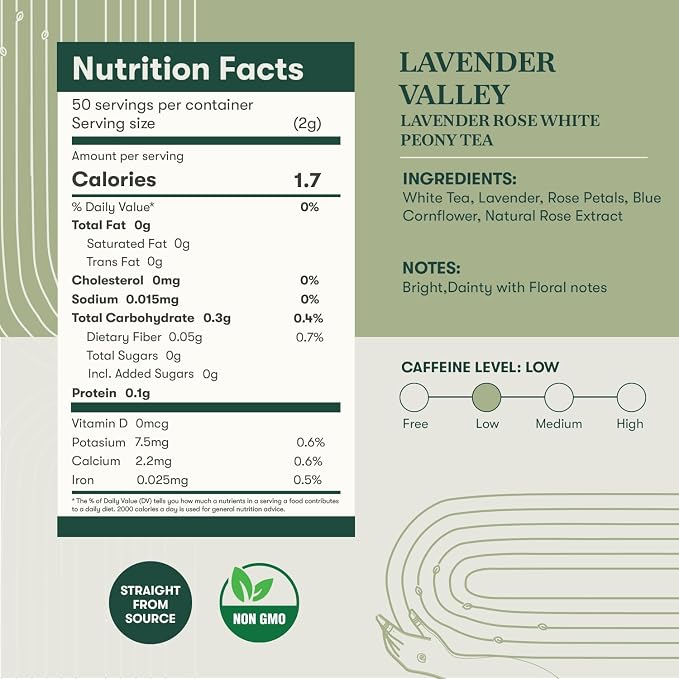 Luxmi Estates Lavender Valley Loose Leaf Tea, (25g/0.88oz) Darjeeling Makaibari White Tea, Low Caffeine, Sleep Function Tea