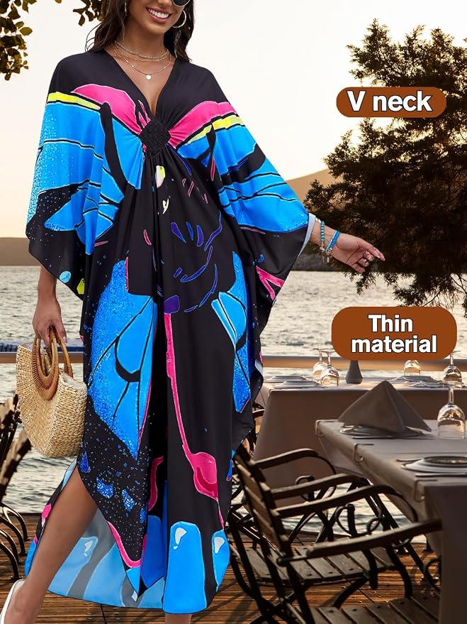 ChiaoLezhee Print Moo-Moos for Women, Kaftan Cover-Up Dresses, Sexy V-Neck High-Slit, Beach Pool-Party Coverups Muumuu Plus