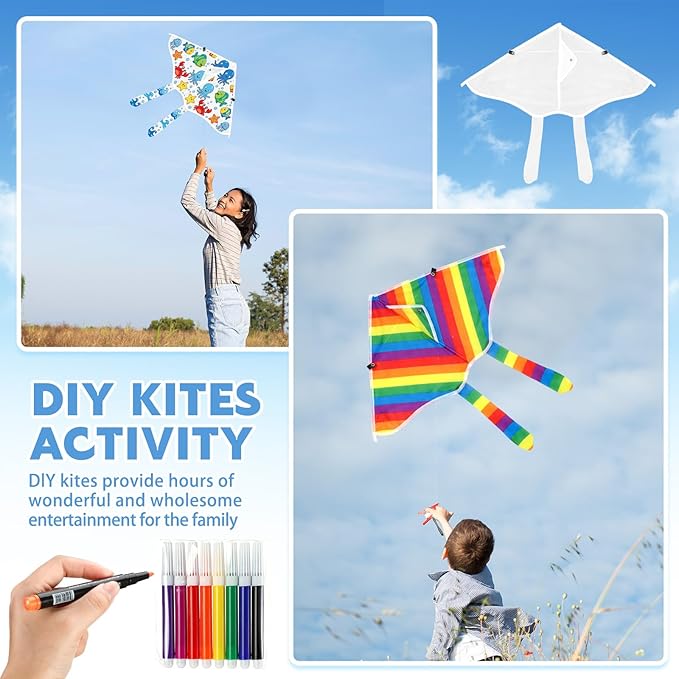 Syhood 50 Pcs DIY Kites for Kids Making Kit 20 Inch Summer Decorating Coloring Kites with Watercolor Pens and String Making Craft Kits for Outdoor Game and Activities