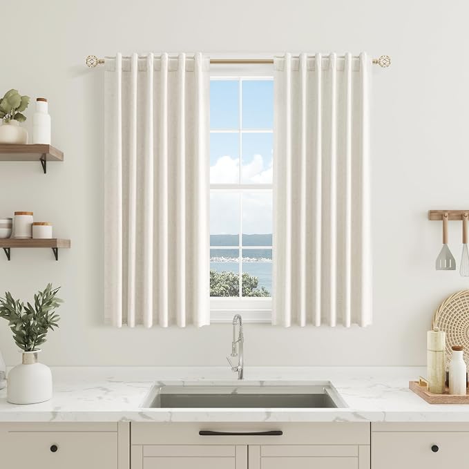 Guken 100% Blackout Linen Short Curtains for Bedroom 45 Inches Long Natural Cream Black Out Curtain Back Tab Thermal Insulated Room Darkening Window Drapes for Living Room 2 Panels Beige Ivory 38x45