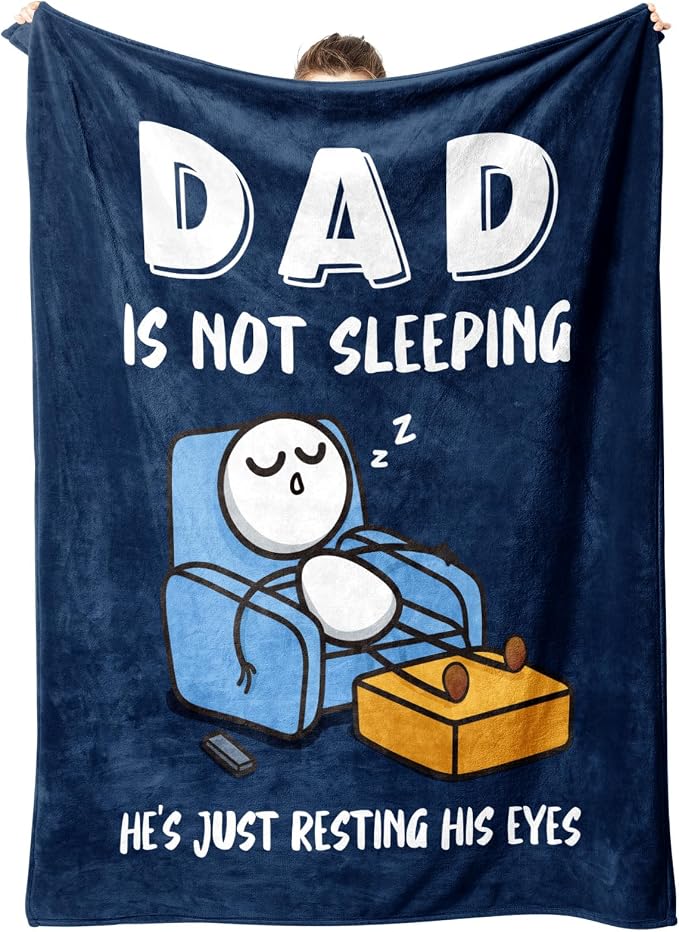 Funny Birthday Gift for Dad Husband, Dad is Not Sleeping Blanket | Dad Gifts from Daughter Son, Super Soft Throws Blanket for Couch and Napping, 60" x 80" (Blue)