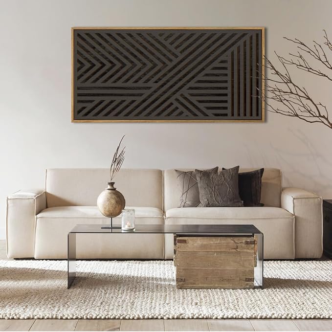 IARTTOP Extra Large Wood Black Wall Art 20x40 Inch Framed Abstract Geometric Wooden Wall Decor Modern Minimalist Neutral Wall Sculpture for Living room Bedroom Dining room Single