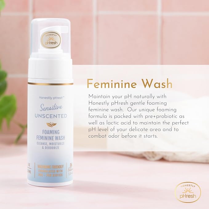 Honestly pHresh Foaming Feminine Wash for Women – pH Balanced Natural Intimate Cleanser with Prebiotics & Probiotics. Vegan, Sensitive Skin Safe. Made In USA - Unscented, 5 oz