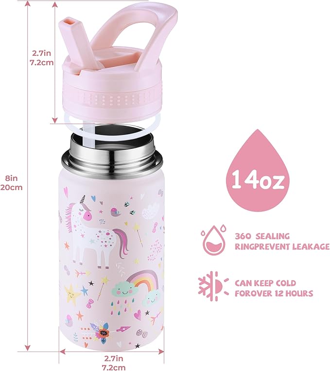 Kids Water Bottle,14oz Stainless Steel Insulated Water Tumbler Leak-Proof,School Water Mug,Small and Portable,Suitable for Boys and Girls to Use(Pink cartoon unicorn)