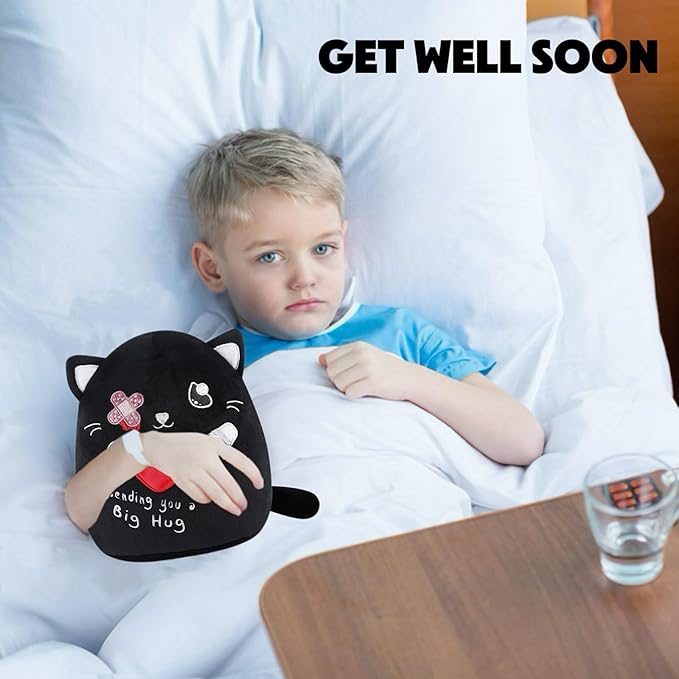 Get Well Soon Plush Cat - Black Cat Stuffed Animal Unique Heart Bandage, Perfect Get Well Gift for All Ages 8 Inch