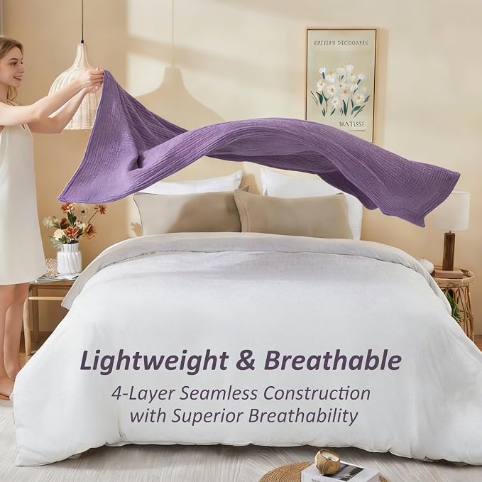 EMME Cotton Muslin Queen Blanket Bed Layering Bedspread Coverlet Breathable Gauze Soft Lightweight Adults (Heather Purple, 90"x90")