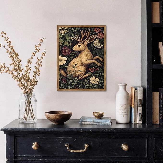 Vintage Rabbit Wall Art Whimsical Dark Cottagecore Jackalope Wall Decor Painting Moody Animal and Botanical Poster Canvas Print for Living Room Bedroom 12x16 inch Wood Framed