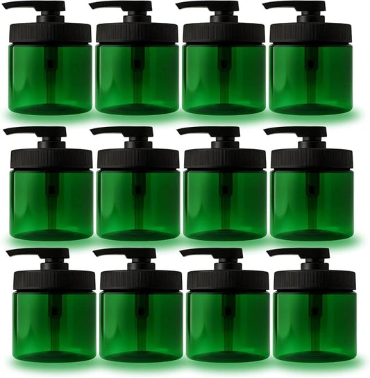 Royal Massage 16oz Refillable Pump Jar with Locking Dip Tube Dispenser – BPA-Free Plastic Container for Massage Oils, Lotions, Creams – Ribbed Lid Wide-Mouth Jar – Durable & Reusable (Green/Black, 12)