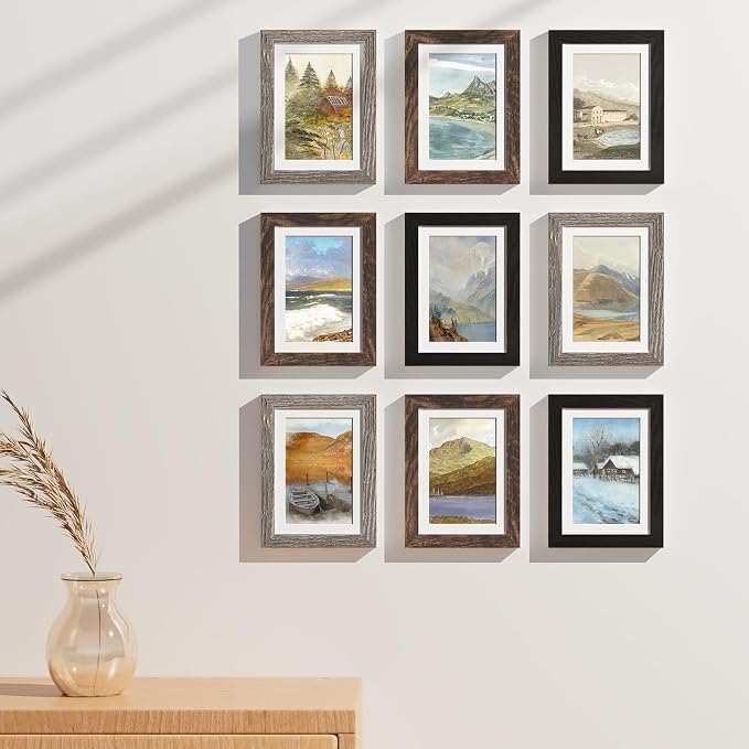 Vittanly 5x7 Picture Frames Set of 9, Black&Brown&Dark Grey | Display Pictures 4x6 with Mat or 5x7 without Mat, Small Photo Frames, Engineered Wood with Shatter Resistant Plexiglass