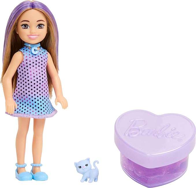 Barbie Party Unboxed Chelsea Doll Set, Glam Party Series with 6 Surprises Including Pet & Color Change (Styles May Vary)