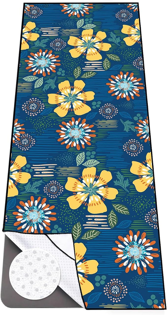 Colorful Star Yoga Towel with Corner Pockets, Non Slip Grip Dots Sweat Absorbent Hot Yoga Mat Towels, Yoga Blankets with Travel Bag, Mat Cover for Workout, Gym, Fitness - 74"x26", Blue Yellow Flowers