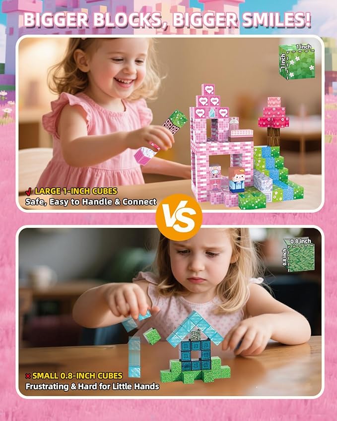 Magnetic Blocks Large 1 Inch 220 PCS, Super Strong Magnets, Magnetic Building Cubes for Girls, Pink Dream House STEM Educational Construction Kit for Kids Ages 3-5, 4-8, 8-12 | Ideal Gift