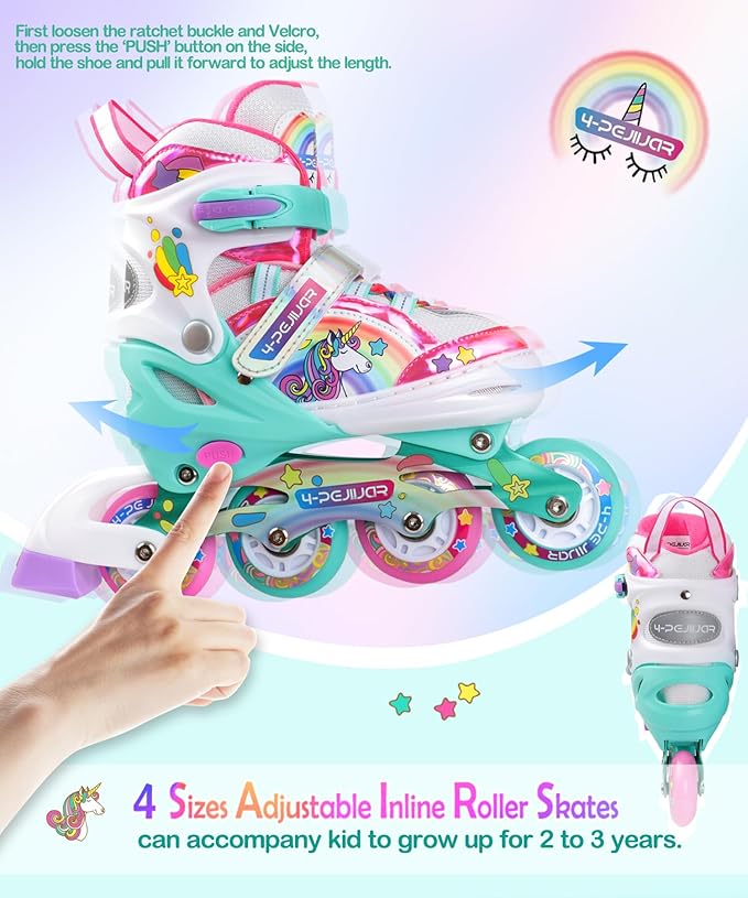 Unicorn Rainbow Inline Skates for Girls Teens Womans,4-Pejiijar Roller Skates for Girls Ages 6-8-12 w/Luminous Wheels,Kids Adjustable Roller Shoes for Birthday Xmas Gifts
