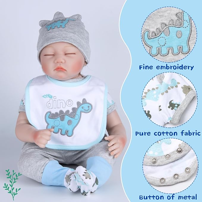 12 Pcs Reborn Baby Dolls Clothes with Backpack for 17-22 Inch Reborn Newborn Doll Clothes Dinosaur Outfits Accessories Baby Boy Doll Clothes Diaper +Bottle+Pacifier