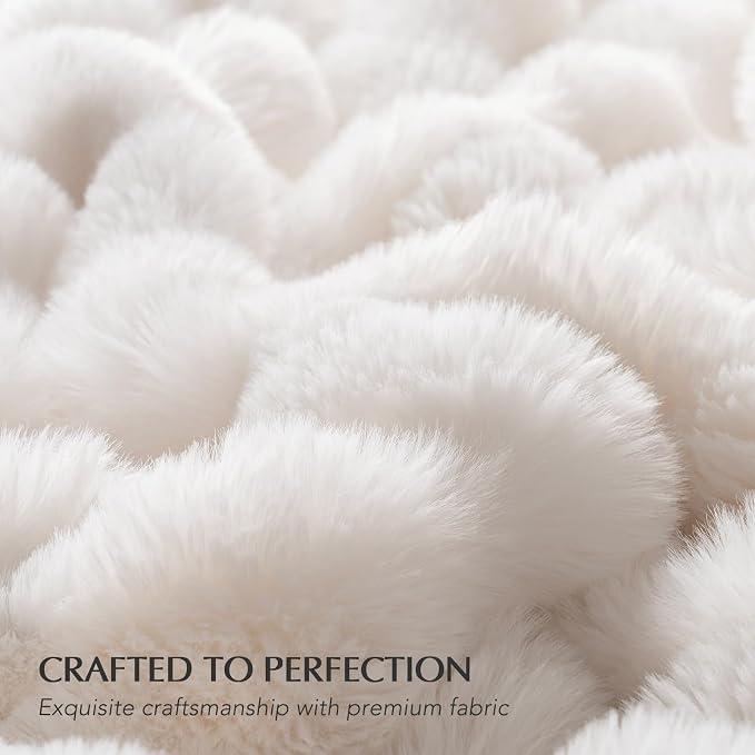 Faux Rabbit Fur Bubble Throw Blanket, 50"x60", Ivory White | Ultra Soft, Luxury Faux Rabbit Fur Throw, Thick Warm Bubble Blanket, Cozy Fluffy Reversible, for Bed, Couch, Chair, Sofa