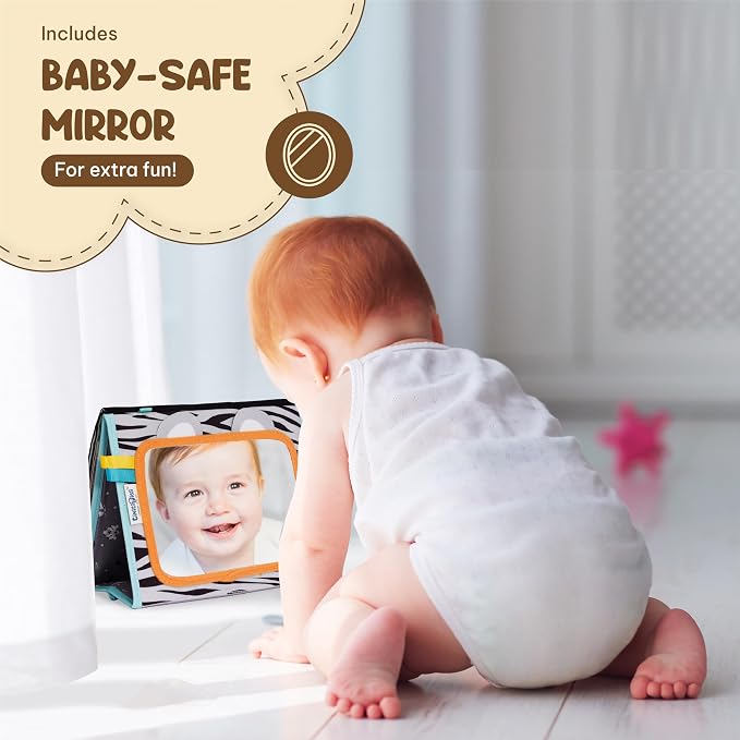 TINITIGIES Tummy Time Mirror for Babies 0-6 Months | High Contrast Black & White Baby Book with Silicone Teether & Crinkle Pages | Sensory Newborn Tummy Time Toys