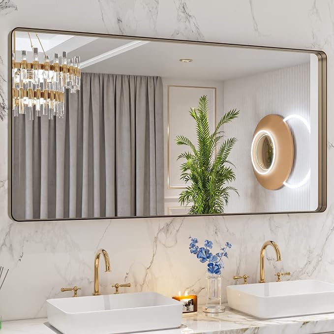LOAAO 60"X30" Bronze Bathroom Mirror | Rounded Rectangle, Brushed Bronze Metal Frame, Anti-Rust, Tempered Glass, Hangs Horizontally or Vertically
