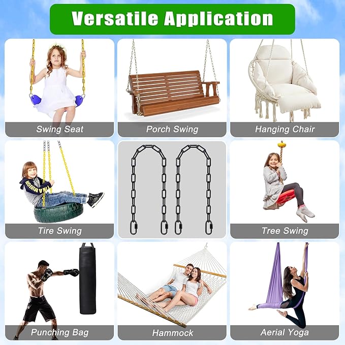 SELEWARE 2 Pack 80 Inch Hanging Swing Chain with 4 Carabiners, 1000LB Capacity Plastic Coated Hanging Chains, Hammock Hardware Kit for Swing, Hanging Chair, Punching Bags, Indoor Outdoor Gym (Black)