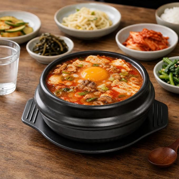 37 Oz Korean Stone Bowl with Tray | Ceramic Pot Set Dolsot Bibimbap Sizzling Hot Pot, Korean Cooking Soup Cookware for Restaurants, Rice, Soup, Noodle