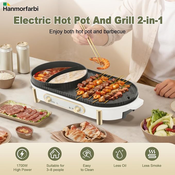 1700W Electric Hot Pot and Grill 2-in-1, with Dual Independent Temperature Control, 8-Person Non-Stick Cooker for Indoor Tabletop, Shabu Hotpot & Korean BBQ Grill, Family Gathering, Party