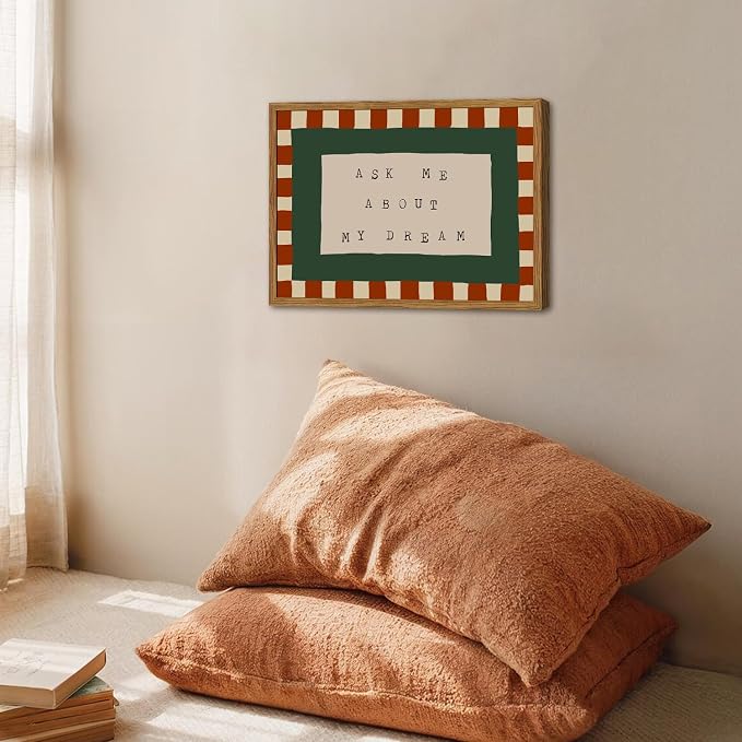 Framed Ask Me About My Dream Wall Art, Retro Red Green Checkered Pictures Wall Decor, Mid Century Modern Minimalist Text Paintings Canvas Prints for Home Living Room Bedroom 16x24 inch