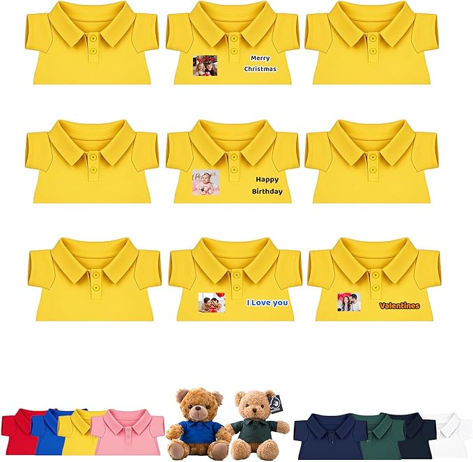 9 Pcs Personalized Teddy Bear Clothes with Name Photo, Stuffed Animal Clothes for Teddy Bears Fit 8-16 inch Stuffed Bear Outfit, Personalized Doll Clothing Make Your Own Plush Doll Shirt