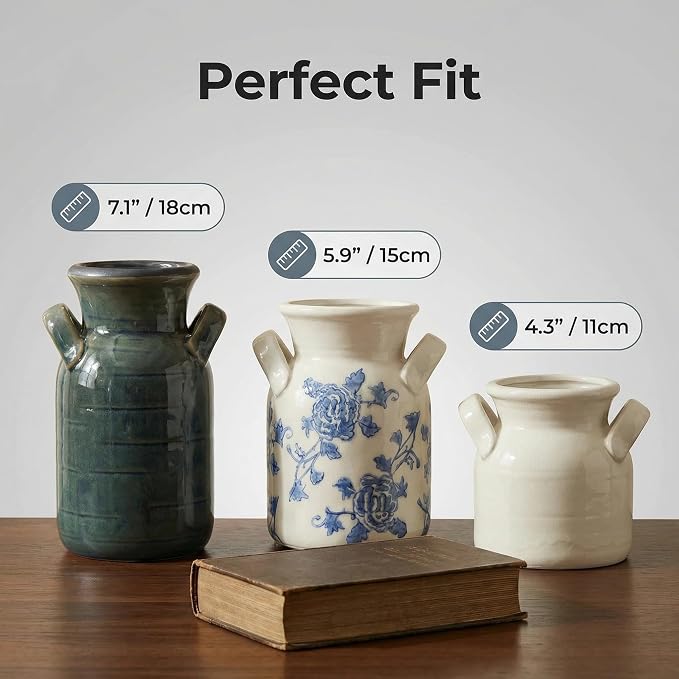 Ceramic Vase Set of 3 with Two Handles, Blue White Neutral Rustic Modern Farmhouse Boho Decor, Versatile as Table Centerpiece or Mantel & Shelf Accent - Unique Home Gift Idea