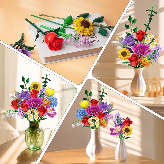 Flower Bouquet Building Set, 18 Flowers Rose Building Block, 1065 PCS Botanical Collection Building Block Toy Plant Home Decor, Gift for Her Adults Women Kids Boys Girls 12+