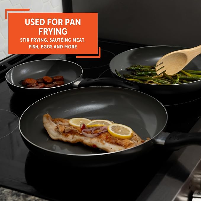 IMUSA 3 Piece 7, 9 & 11 Inch Chef Cera Aluminum Gray Ceramic Fry Pan Set | Ceramic Nonstick Coating, Cool-Touch Handles, Ideal for Sautéing and Searing, Great for Everyday Home Cooking