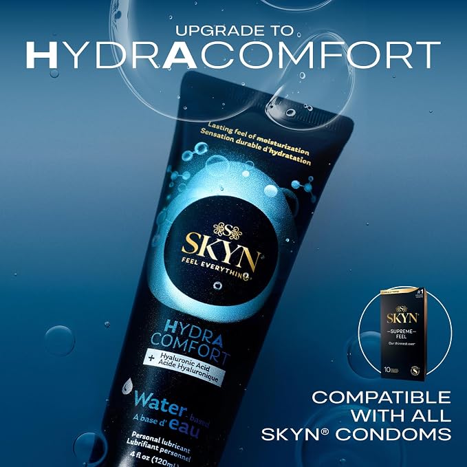 SKYN HydrAcomfort Premium Water-Based Lubricant with Hyaluronic Acid – 4 oz– Long-Lasting Moisturizing Formula, Non-Sticky & Easy Wash-Off – Universal Condom & Toy Compatible Lube