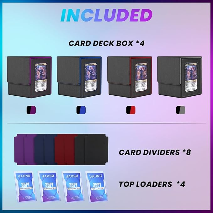 UAONO 4 Pack Commander Deck Box for MTG, Magnetic Card Boxes, Fits 100+ Double-Sleeved Cards, with 8 Dividers, 4 Top Loaders, Fits TCG/PTCG/YGO/Sports Cards