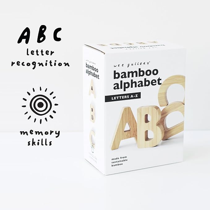 Wee Gallery Bamboo Alphabet, Natural Wood Blocks, Sensory Learning Toy, Wooden Alphabet Toys, 26 Large Letters for Toddler, Preschool Age Kids, Boy or Girl, Learn to Read, Trace, and Sort Pieces