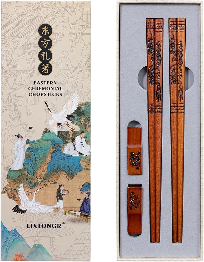 Wooden Chopsticks Set, Dragon Design, Hand-Carved, 2 Pairs | Non-slip grip & 9 inch; reusable tableware; for sushi, ramen, BBQ; great gifts for men, wedding, housewarming & holidays