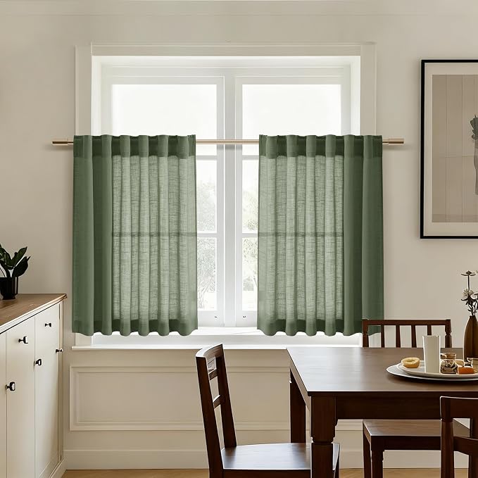 Nanspring Linen Curtains 40 Inch Length 2 Panels for Kitchen Basement Olive Green Semi Sheer Curtains Back Tab and Rod Pocket Neutral Drapes for Small Window/Loft Room, 34 x 40 Inch