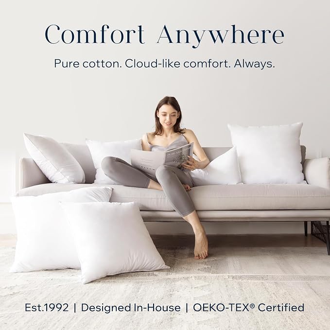 Phantoscope Throw Pillow Insert with 100% Cotton Cover, 18x18 Inch, 4 Pack | Soft Supportive Throw Pillows for Couch Bed, Hypoallergenic Breathable Pillows Inerts, Square Decorative Cushion Sham Stuffer