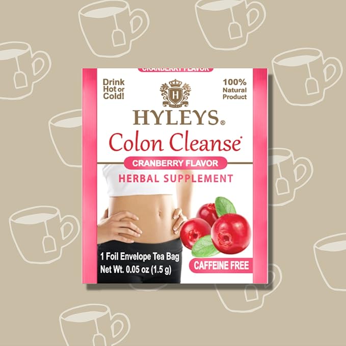 HYLEYS Colon Cleanse Tea, Cranberry Flavor - 25 Individually Wrapped Herbal Tea Bags - Caffeine Free, Vegan
